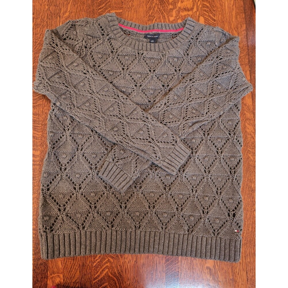 Tommy Hilfiger Ladies Large Sweater Diamond Stitch NWOT 100% Cotton Gray Soft